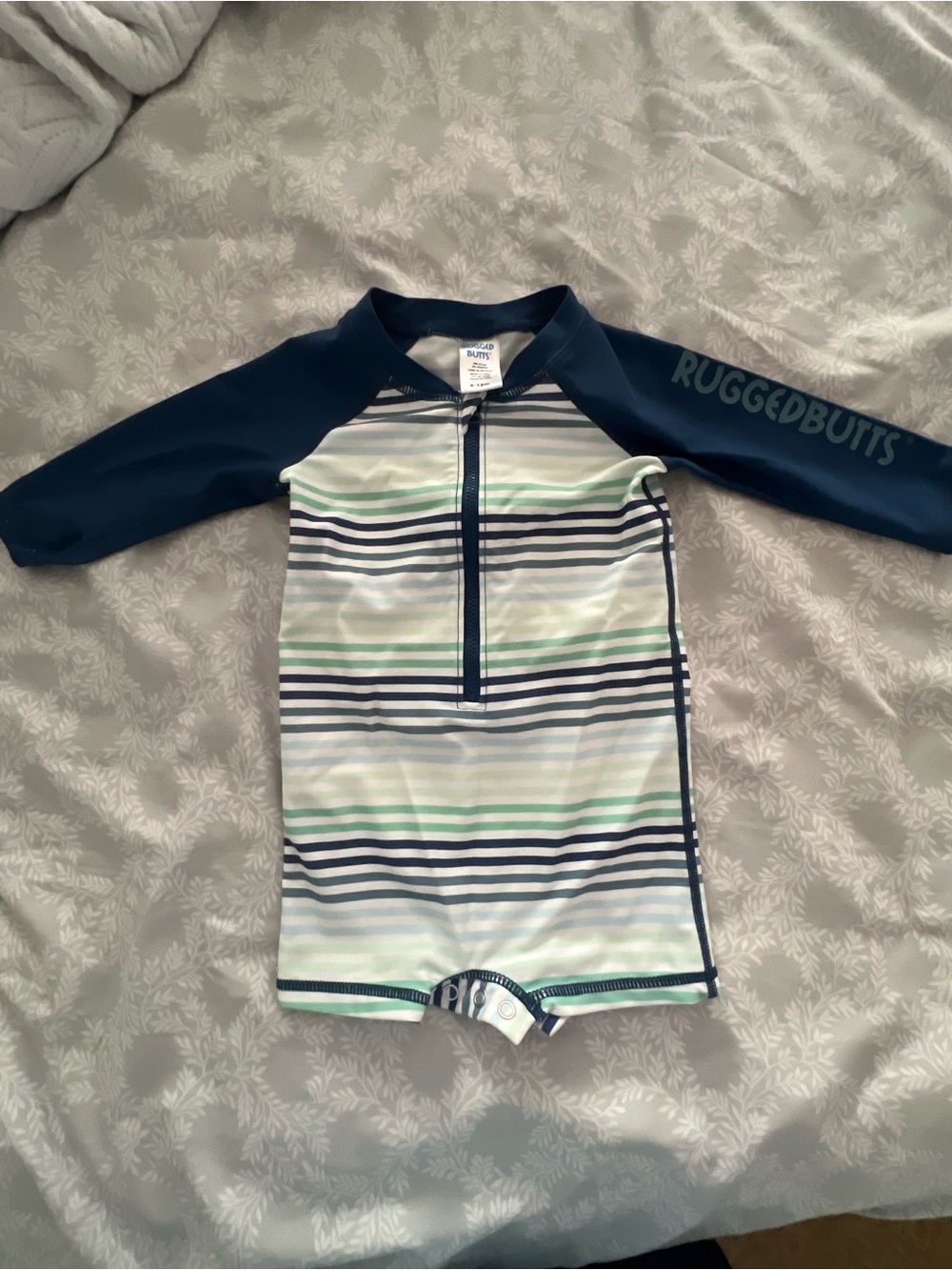 RUGGEDBUTTS Navy & Mint Stripe Baby Swim Suit size 6-12mo